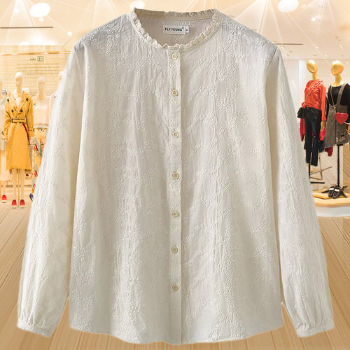 大码衬衫妈妈秋装纯棉刺绣小衫女