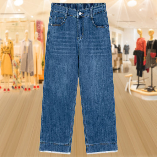 大码牛仔裤子女春秋款蕾丝休闲裤