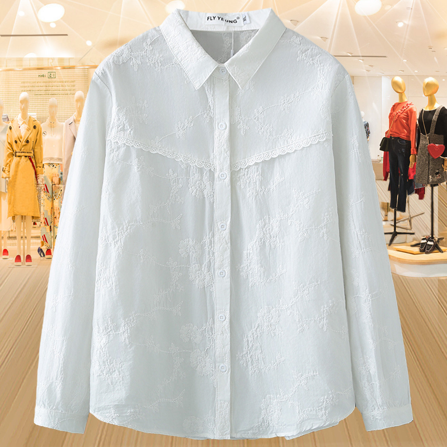 白色蕾丝绣花纯棉长袖衬衫大码女装春季新款胖mm显瘦百搭衬衣上衣