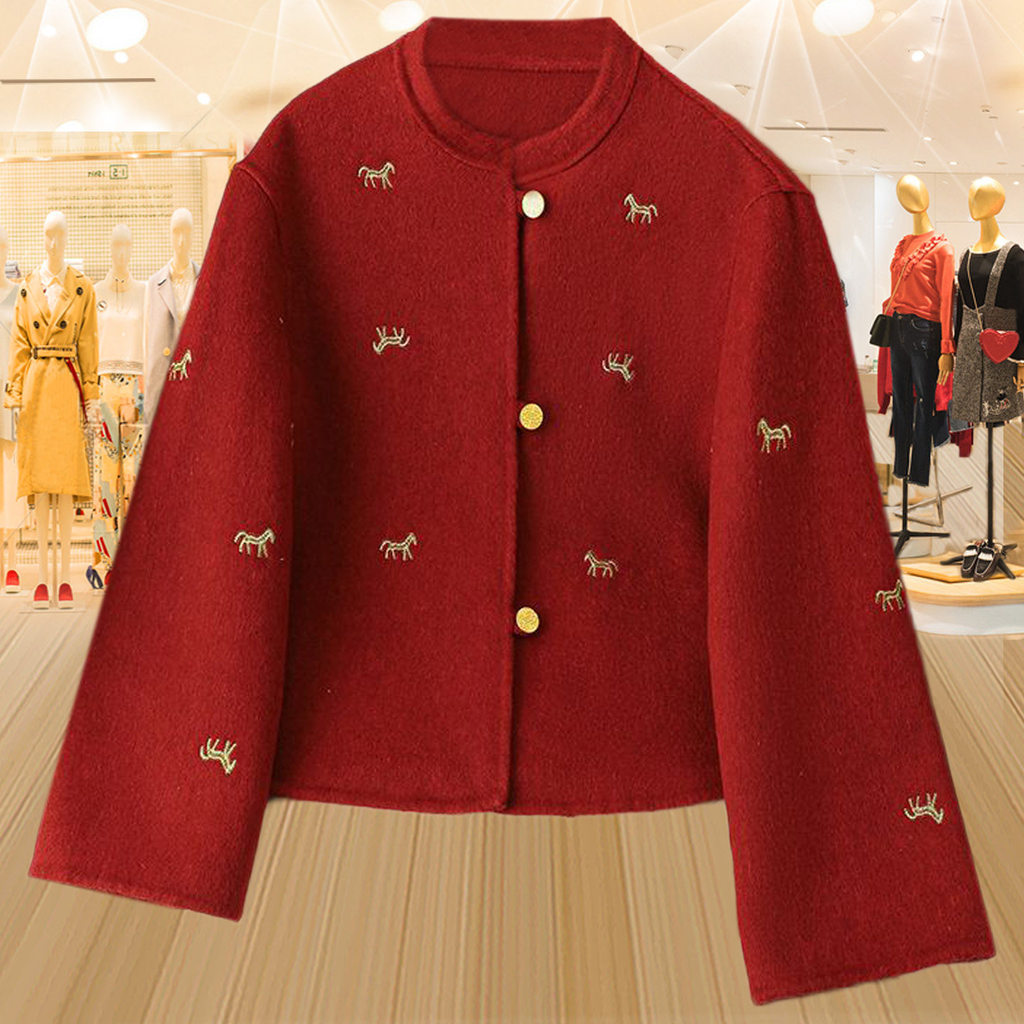 高级感新中式小马刺绣红色双面呢大衣女短款马到成功羊毛呢子外套,女装/女士精品,中老年女装,淘宝优惠券,粉丝福利购,淘宝优惠卷