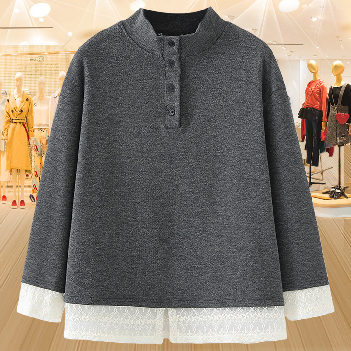 大码灰色蕾丝拼接立领针织衫女春季新款中年妈妈装百搭宽松打底衫,女装/女士精品,大码内搭,淘宝优惠券,粉丝福利购,淘宝优惠卷