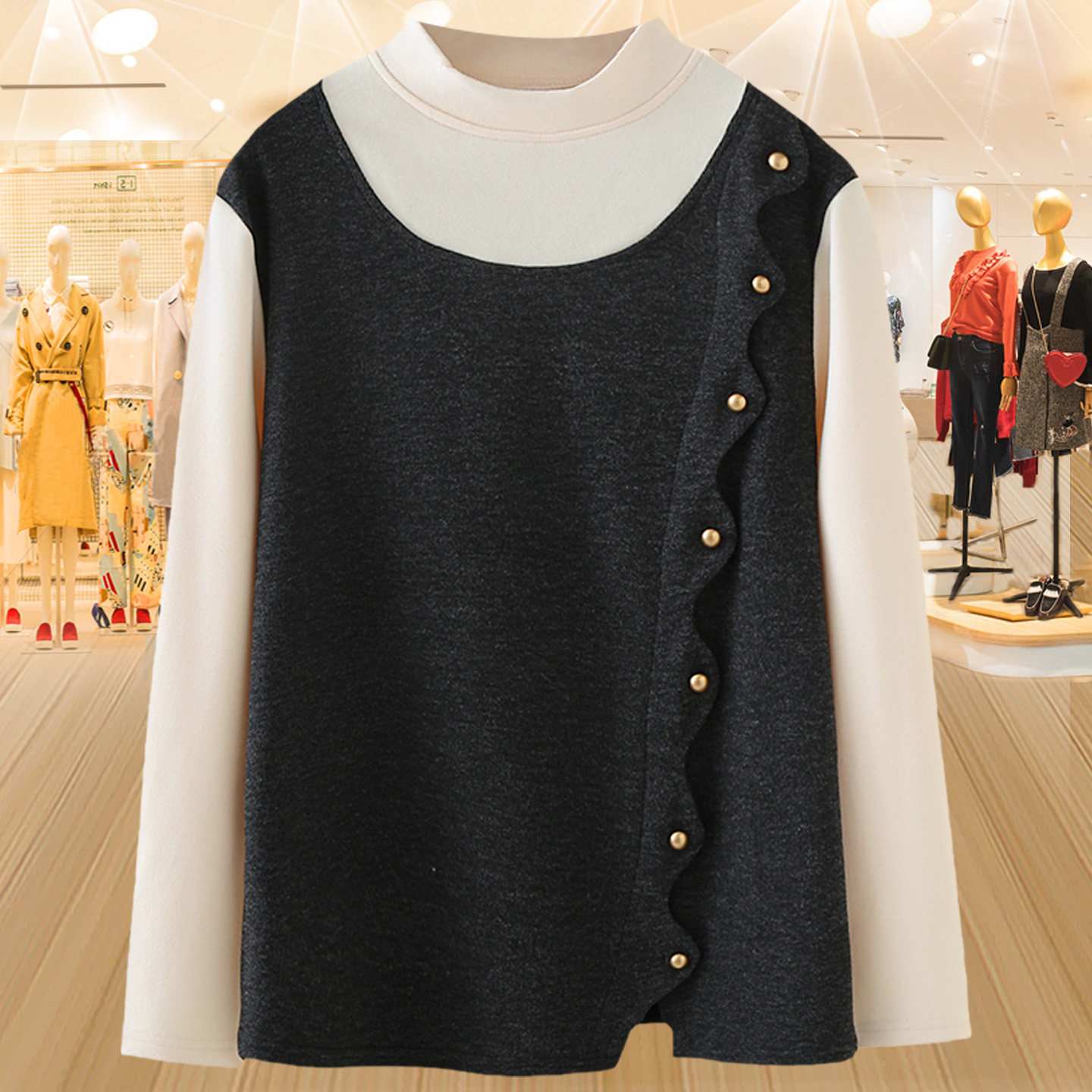 大码不规则加绒假两件打底衫女秋冬新款胖mm宽松时尚百搭保暖上衣,女装/女士精品,大码内搭,淘宝优惠券,粉丝福利购,淘宝优惠卷