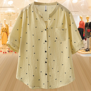 女2025夏季 棉麻衬衫 新款 中年妈妈装 上衣 大码 高档百搭碎花开衫 中袖