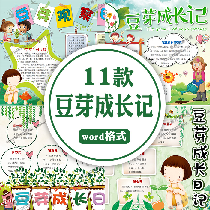 豆芽成长记word小报模板植物生长观察日记生物A3A4彩色手抄报