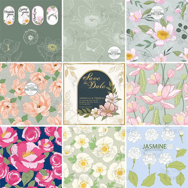 复古文艺淡雅花卉茉莉荷花婚礼请柬贺卡邀请函AI矢量设计素材模板