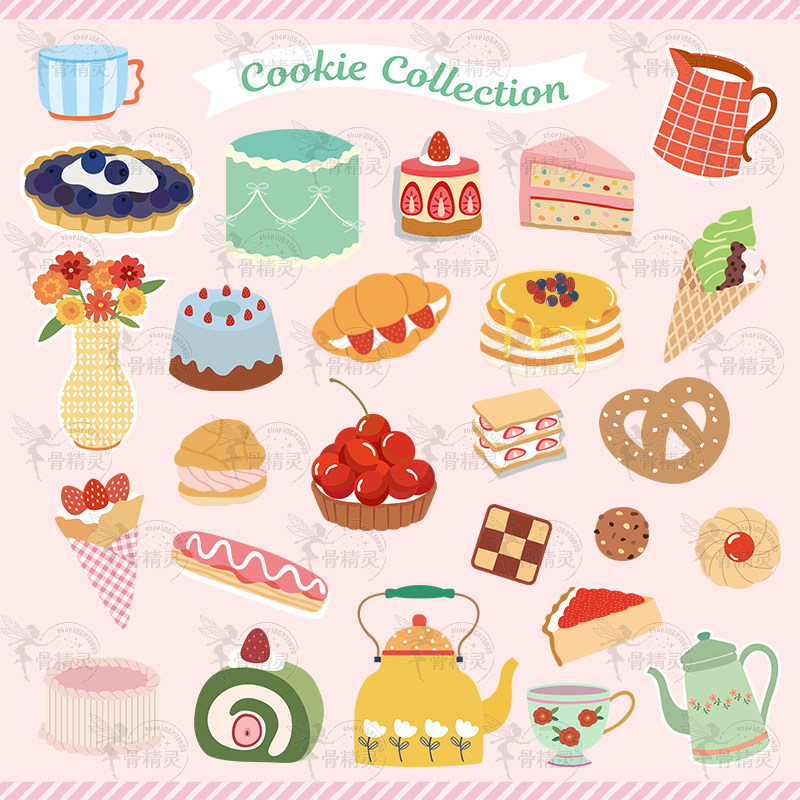 和风手绘甜品蛋糕饼干烘焙欧式水壶茶杯插画AI矢量PNG设计素材