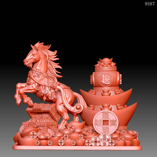 9587马到成功招财进宝2026生肖马圆雕图精三维立体3d打印模型stl
