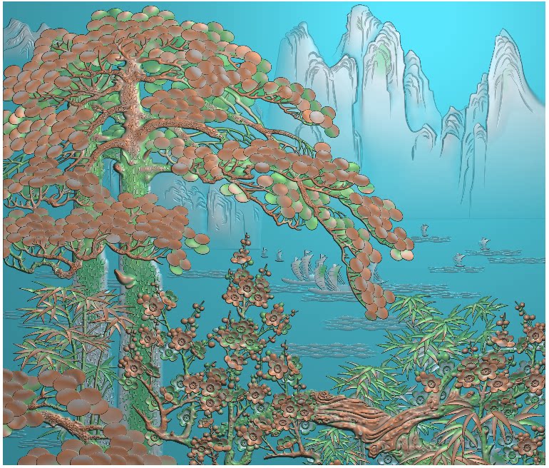 迎客松之岁寒三友精雕图灰度图bmpjdp电脑浮雕图