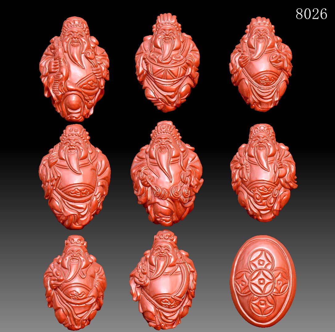 8026八宝财神橄榄核雕图圆雕图STLOBJ三维立体图圆雕图
