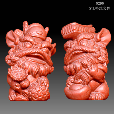 9290状元醒狮踩绣球元宝圆雕图雕刻机3D打印素材STL格式模型图OBJ
