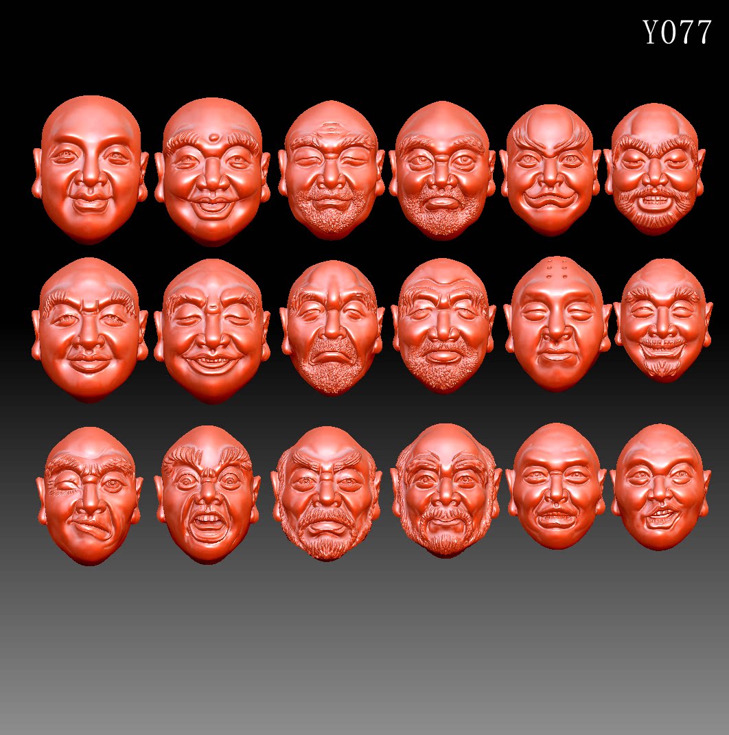 Y077雕刻图stl圆雕图精雕十八罗汉头橄榄核雕圆雕图9个双面