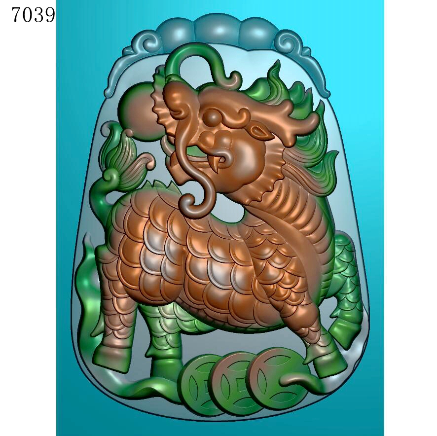 7039麒麟玉雕素材北京精雕图JDP灰度图挂件BMP浮雕素材源文件