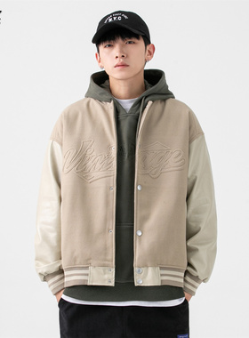 ORLS国潮牌春秋立体字母毛呢PU袖棒球领夹克男女工装ins宽松外套