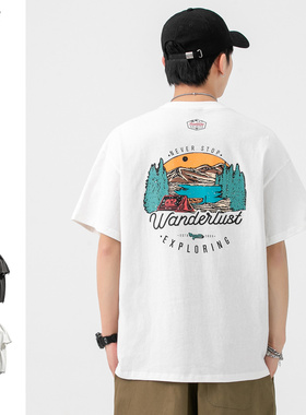 ORLS国潮牌夏露营风景字母印花短袖T恤男女复古美式纯棉宽松半袖T