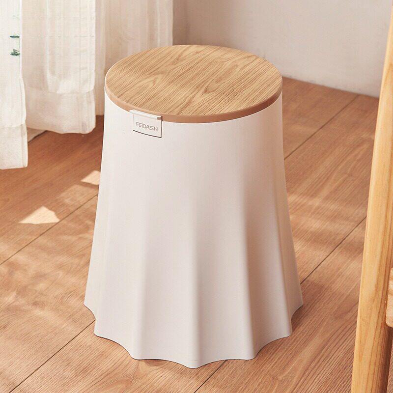 树艺垃圾桶宽底圆形仿木纹弹盖塑料收纳桶家用卧室纸篓