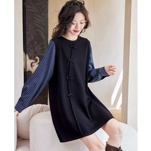 宝诗黎圆领条纹拼接短裙2026春季 洋气显瘦休闲黑色直筒裙 新中式