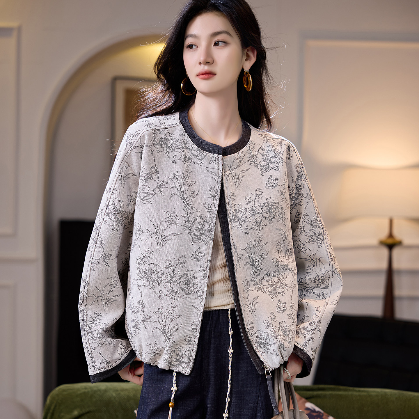 宝诗黎蝙蝠袖提花牛仔短外套2026春季洋气宽松休闲百搭时尚女装