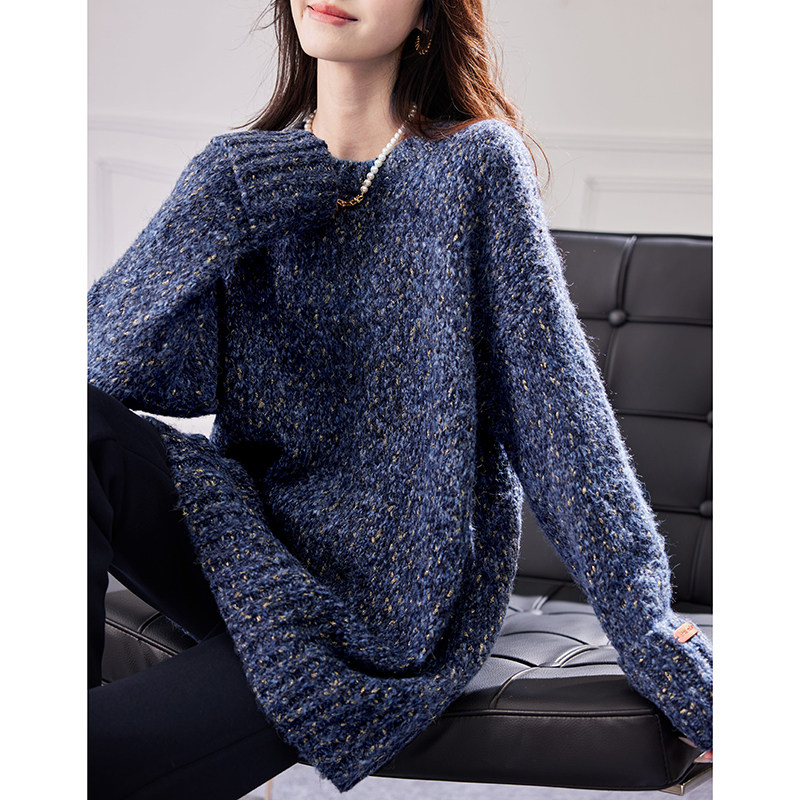 宝诗黎中长款亮丝慵懒毛衣2026春季气质百搭时尚韩系针织上衣女