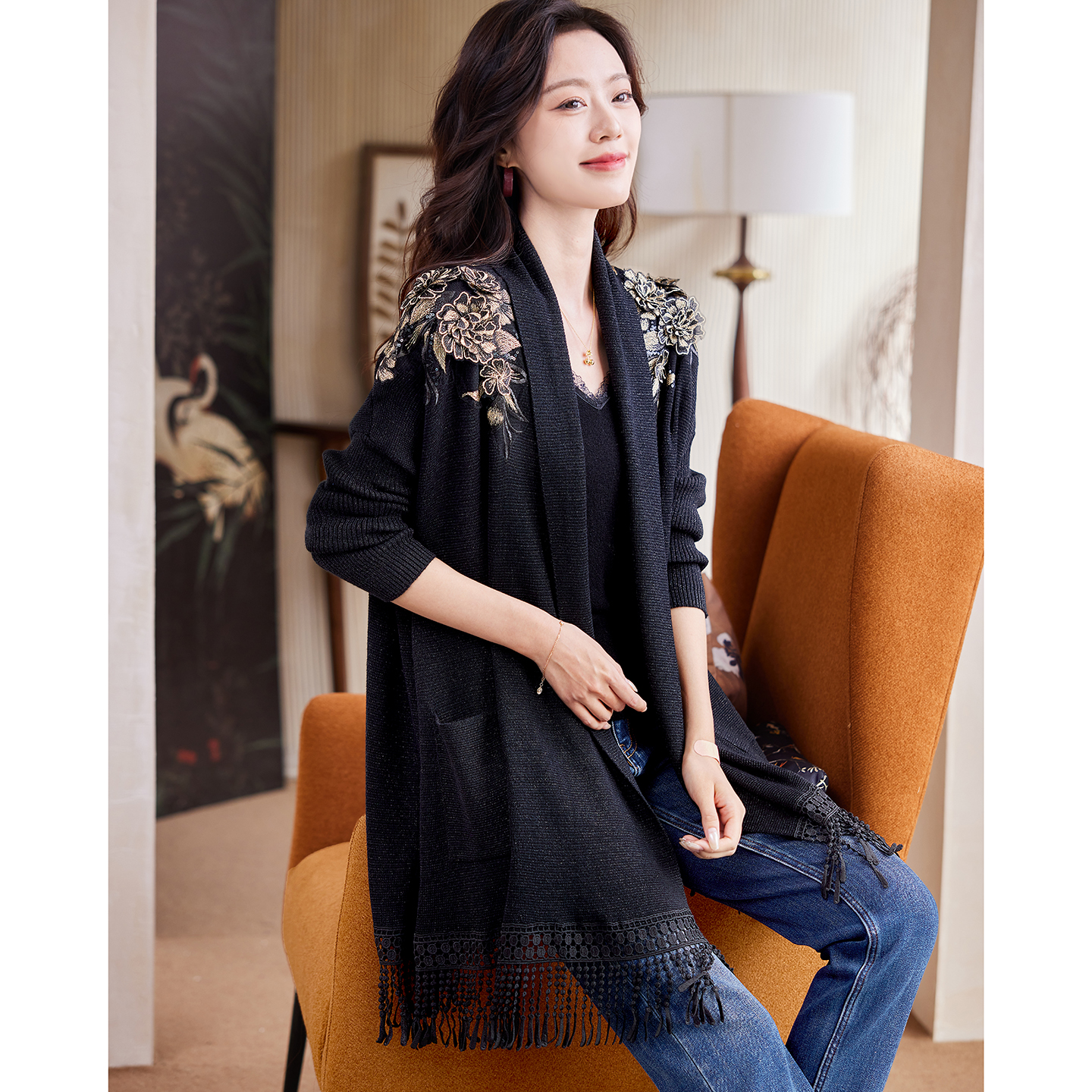 宝诗黎刺绣流苏亮丝针织开衫