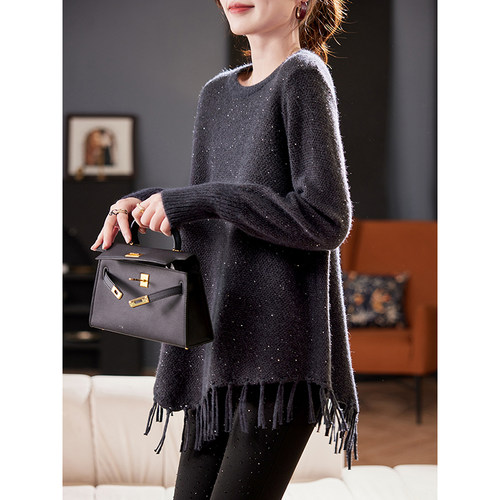 宝诗黎圆领亮片流苏中长毛衣