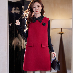 宝诗黎两件套蕾丝拼接红色连衣裙2026早春气质老钱风休闲背心裙