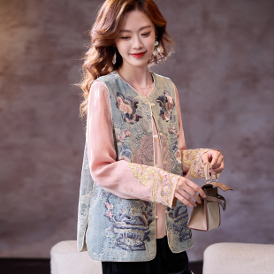 国风百搭女装 宝诗黎重工刺绣牛仔马甲外套2026春季 气质休闲新中式
