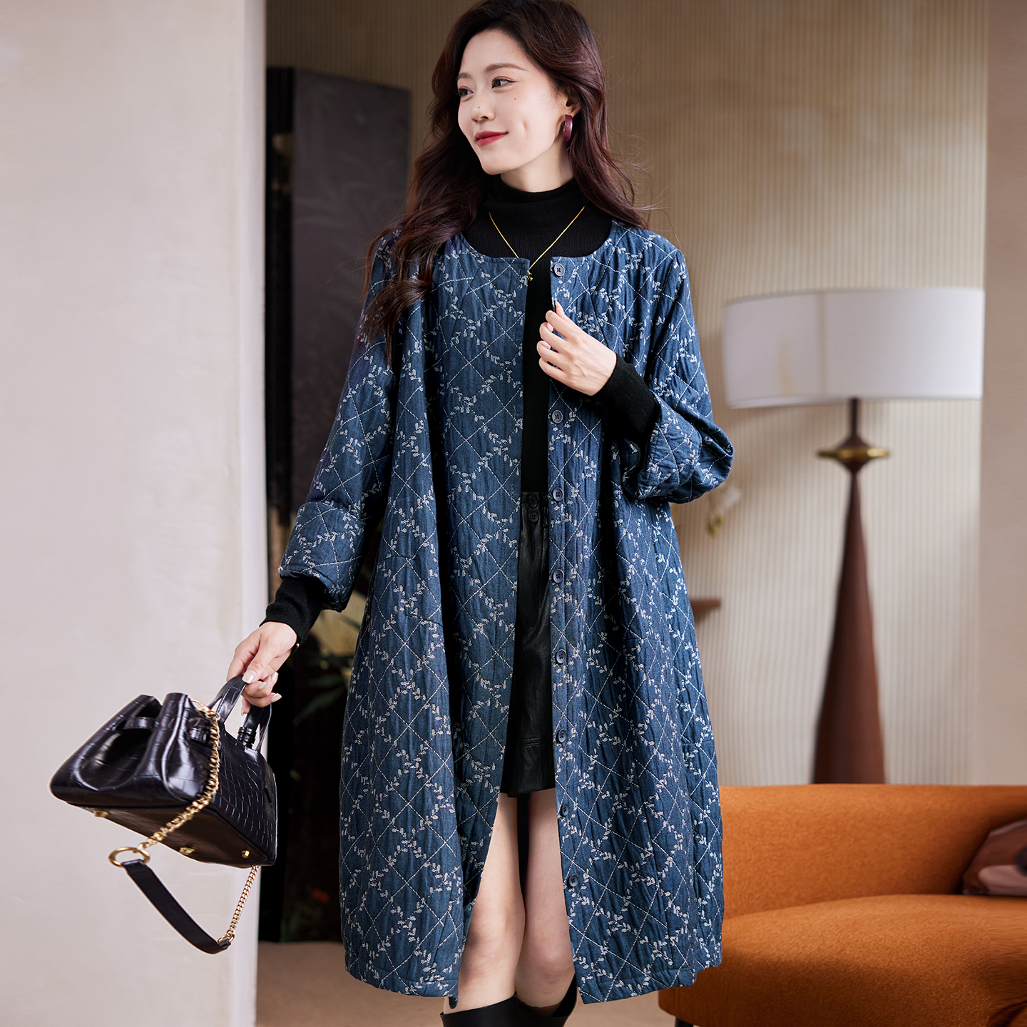 宝诗黎长款格子提花牛仔外套