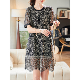 宝诗黎圆领蕾丝镂空短袖 重工气质高级感中长雪纺裙 连衣裙2025夏季