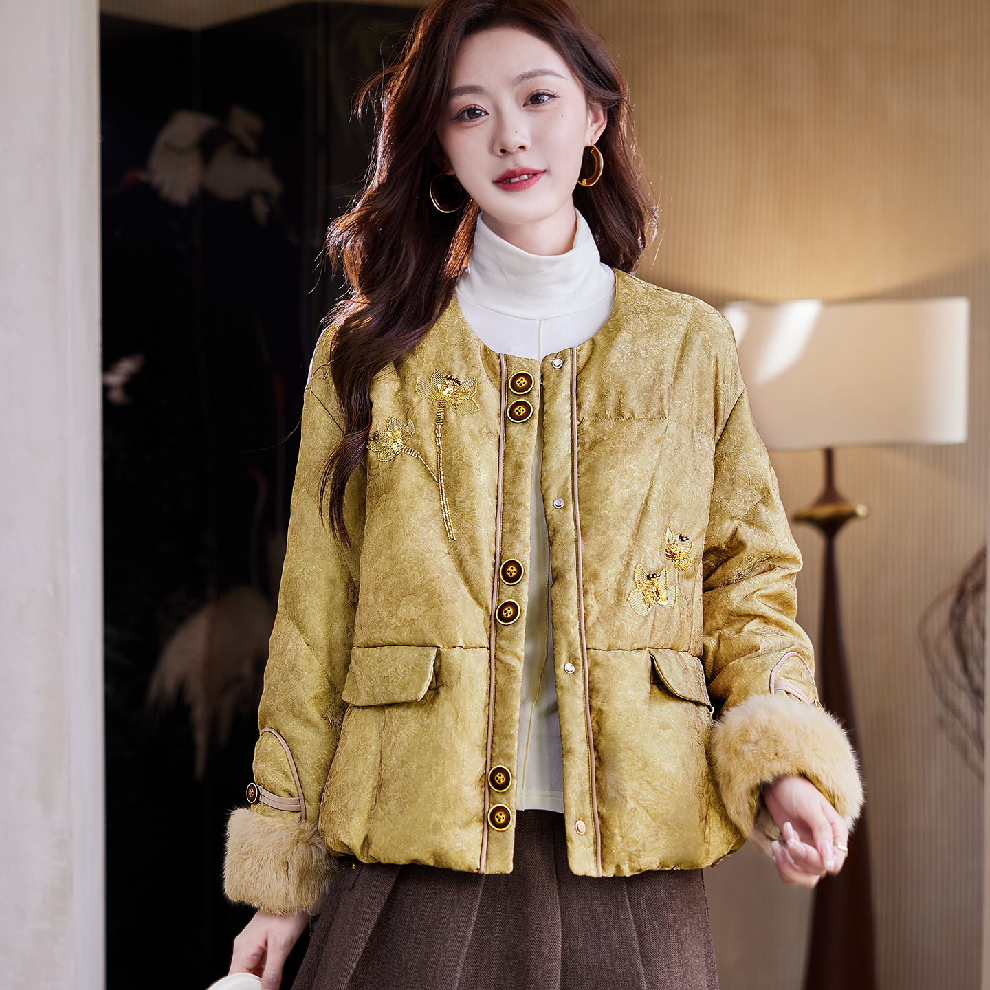 宝诗黎钉珠提花鸭绒羽绒服