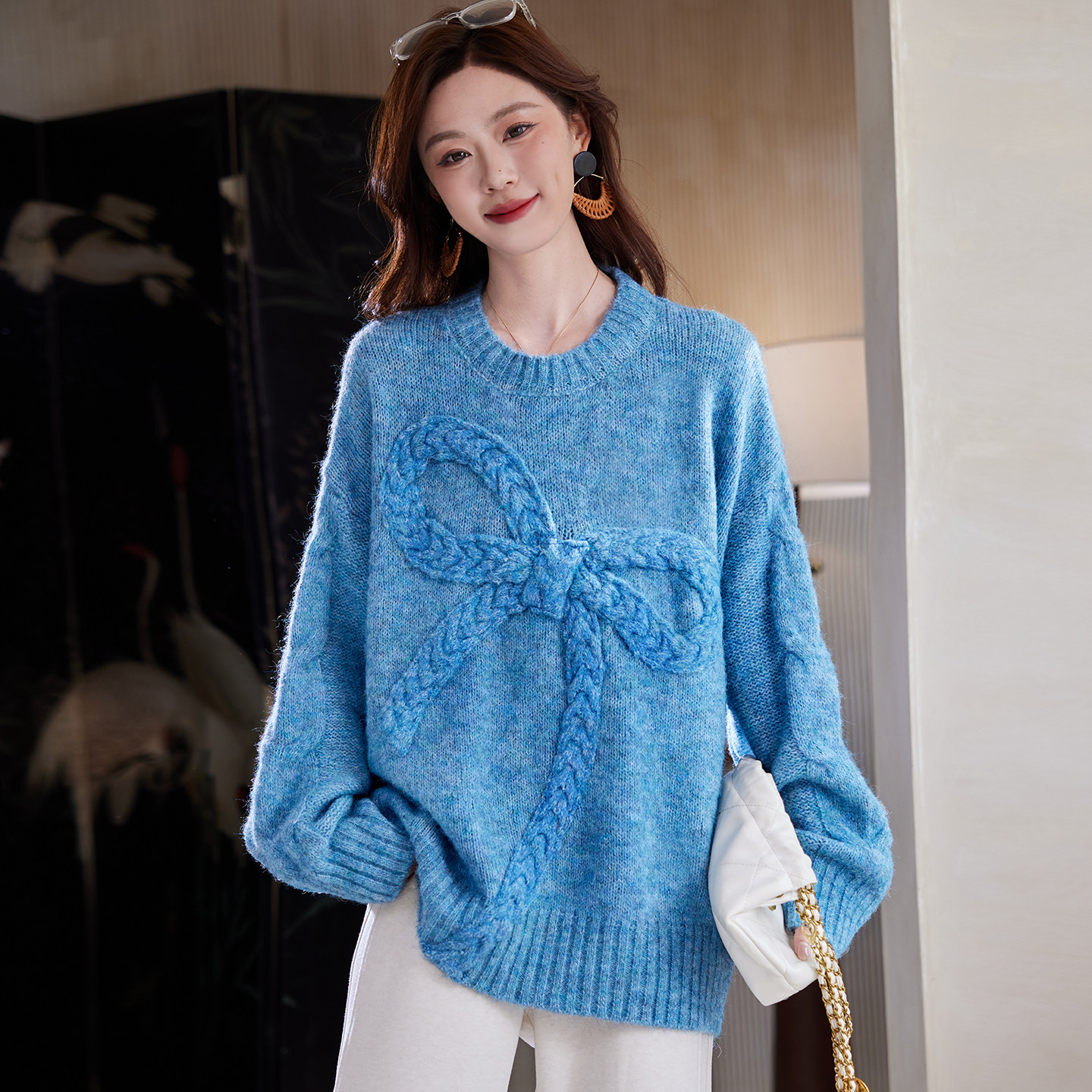 宝诗黎中长款蝴蝶结慵懒毛衣2026春季韩系气质休闲宽松大码女装