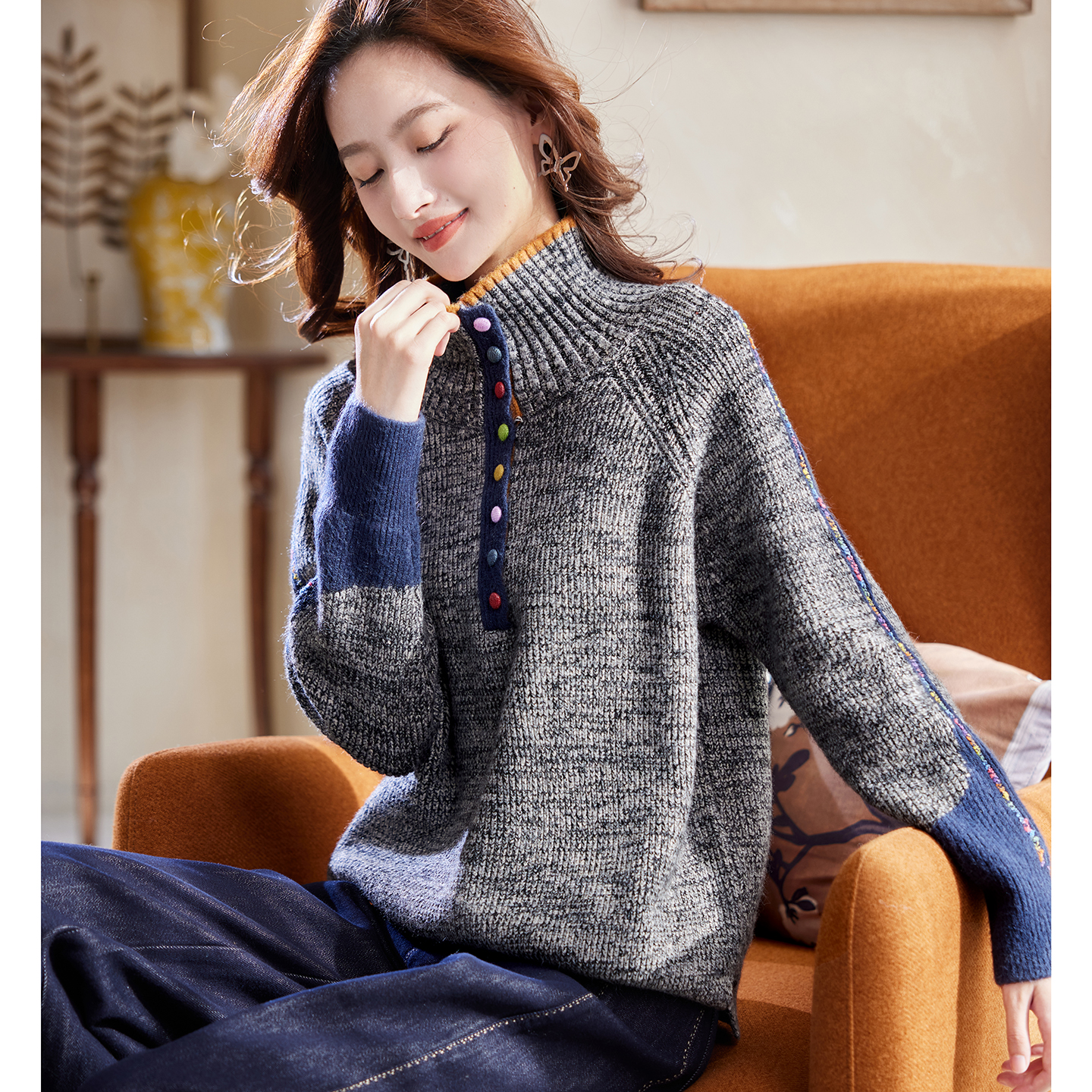 宝诗黎半开领彩扣慵懒毛衣