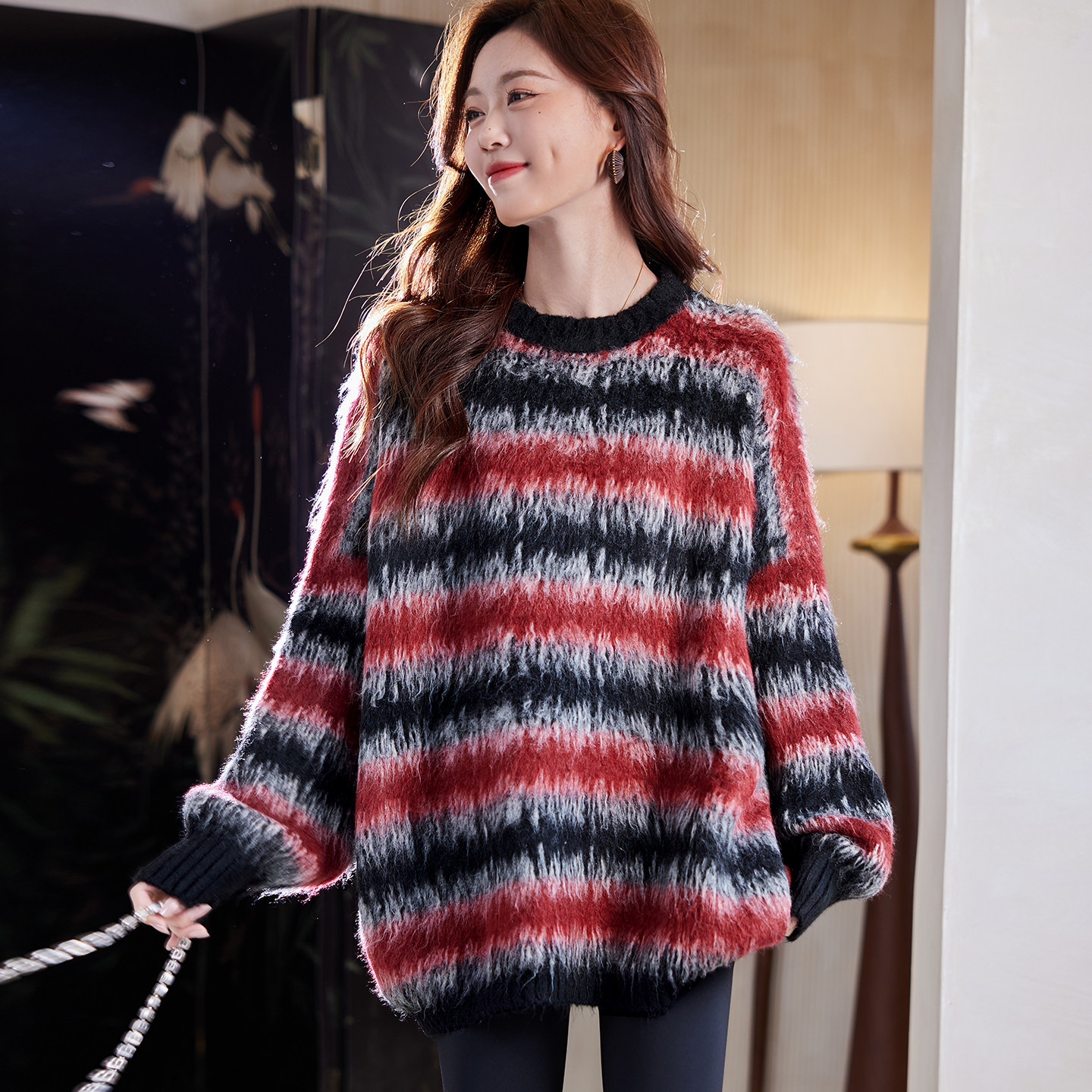 宝诗黎中长款慵懒条纹针织毛衣2025冬季休闲百搭洋气宽松大码女装,女装/女士精品,毛衣,淘宝优惠券,粉丝福利购,淘宝优惠卷