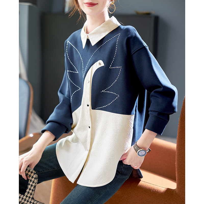 宝诗黎翻领钉钻宽松卫衣