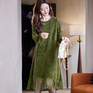 长袖 时尚 休闲裙 气质宽松大码 宝诗黎钉钻流苏蕾丝连衣裙2025冬季