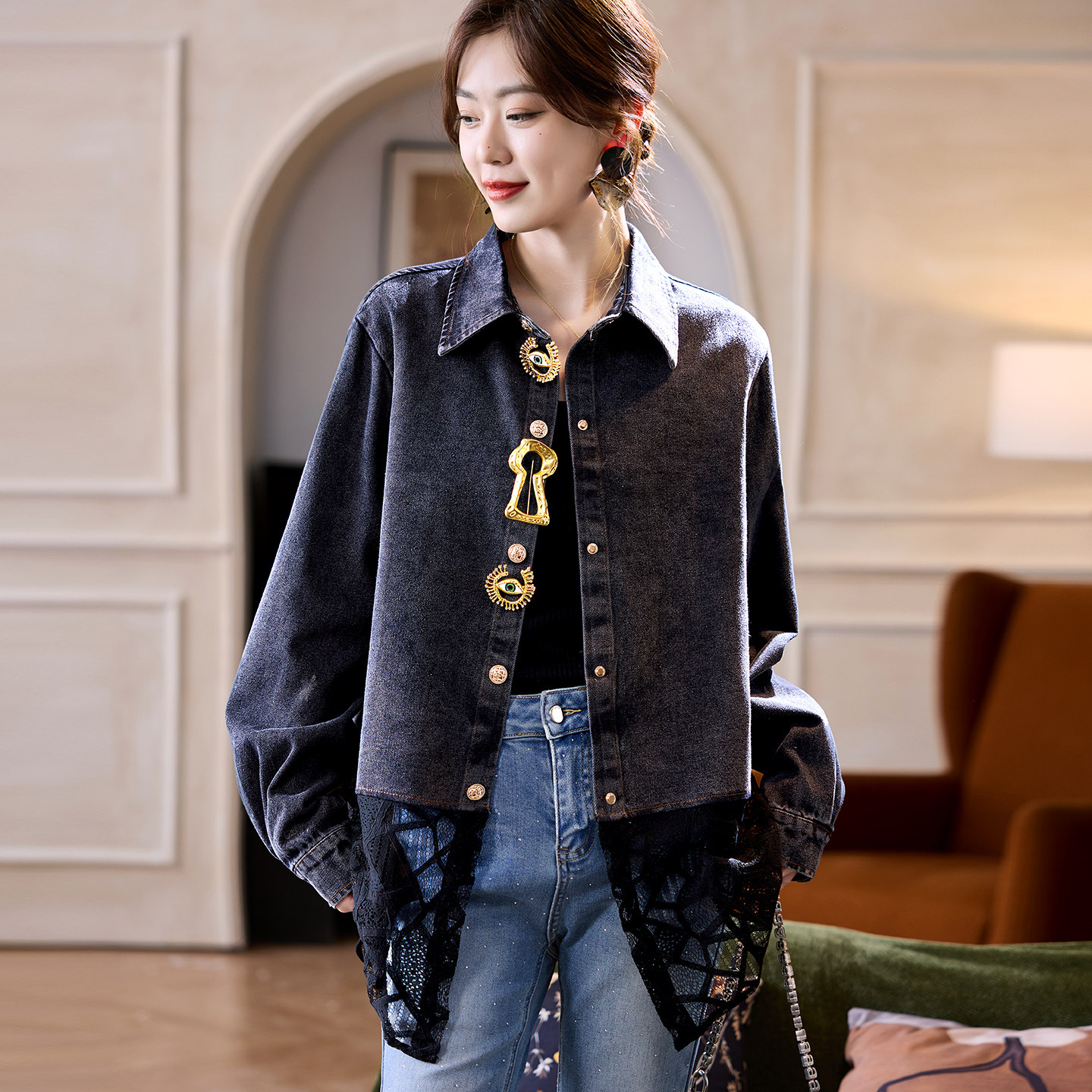 宝诗黎蕾丝拼接牛仔衬衫外套女2026秋季宽松洋气百搭休闲衬衣女