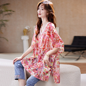 女装 宝诗黎V领中长款 潮 气质百搭新中式 宽松大码 印花小衫 2025夏季