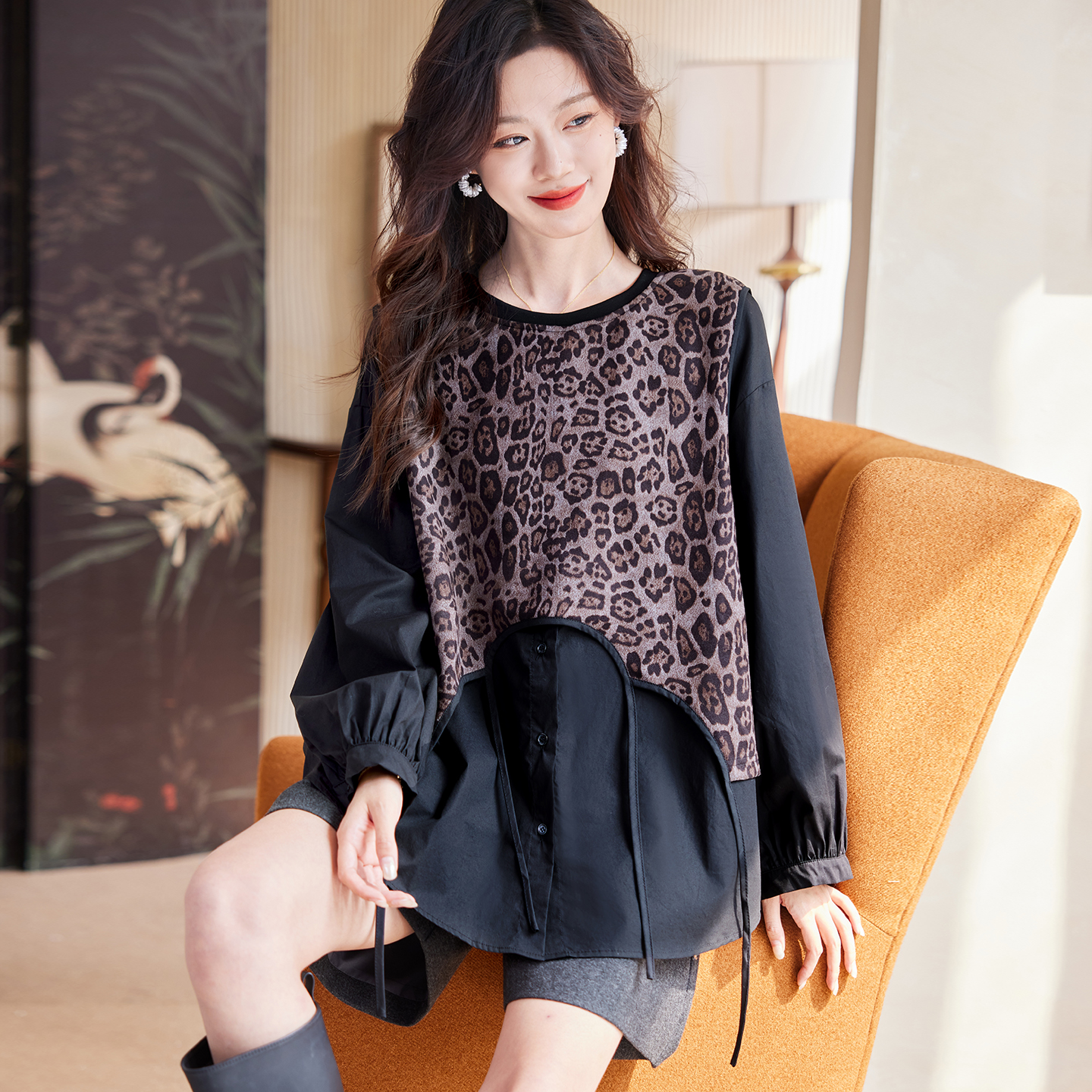 宝诗黎假两件印花拼接衬衫