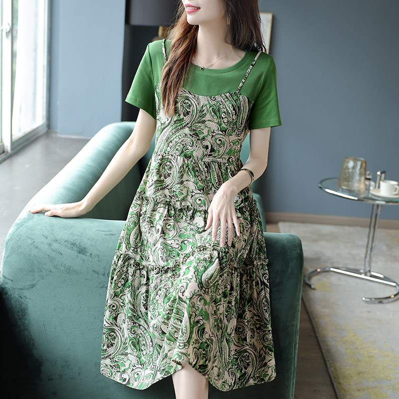 宝诗黎假两件吊带印花连衣裙女2025夏季新款拼接宽松雪纺裙子短袖,女装/女士精品,连衣裙,淘宝优惠券,粉丝福利购,淘宝优惠卷