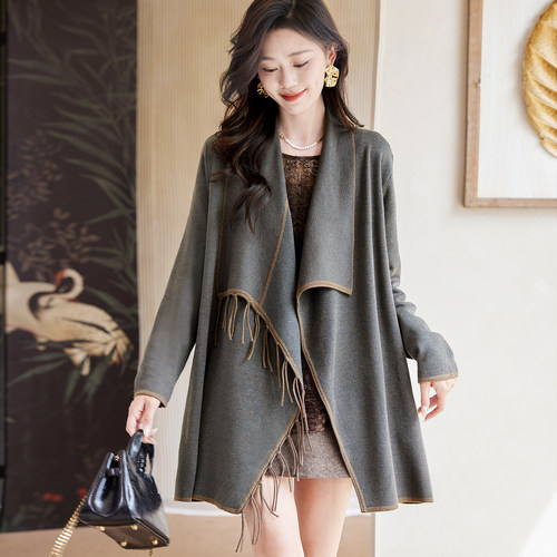 宝诗黎中长款流苏针织外套