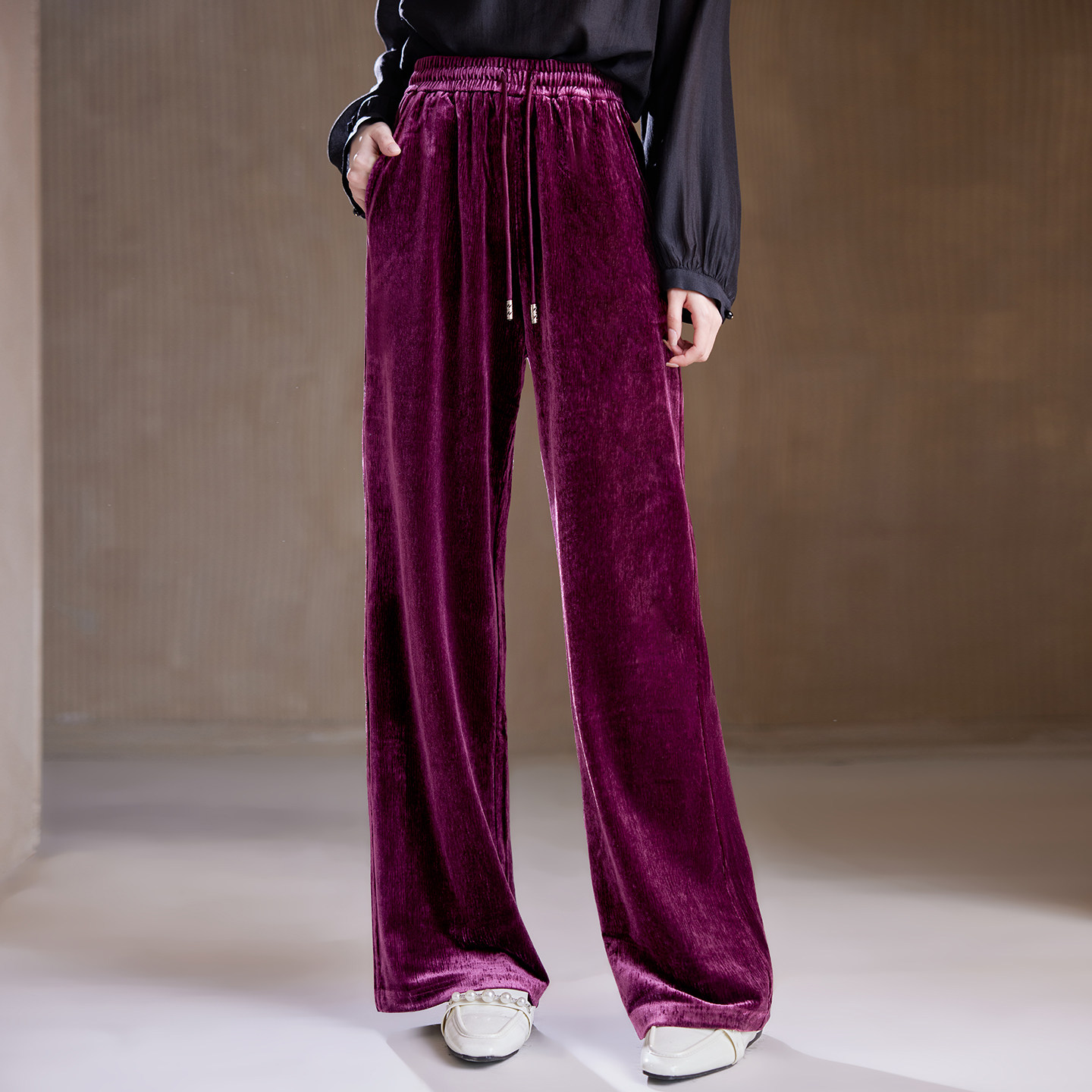 宝诗黎松紧腰抽绳丝绒休闲裤2026春季宽松慵懒百搭直筒拖地裤女