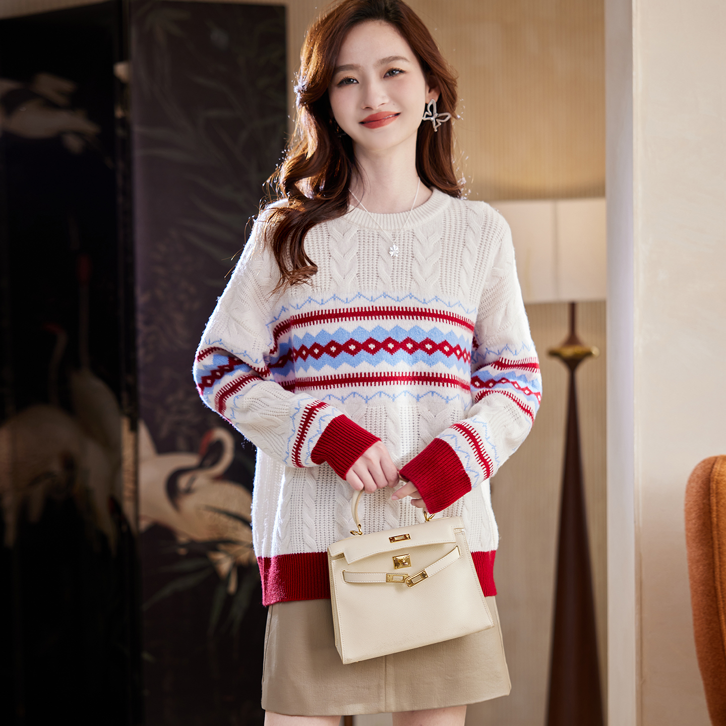 宝诗黎圆领麻花条纹羊毛毛衣