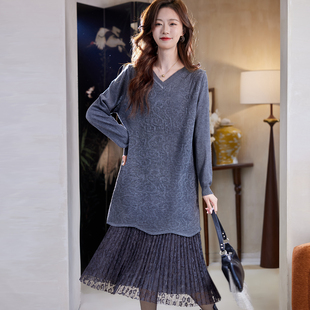 宝诗黎假两件蕾丝拼接连衣裙2026早春新款 洋气简约气质优雅休闲裙