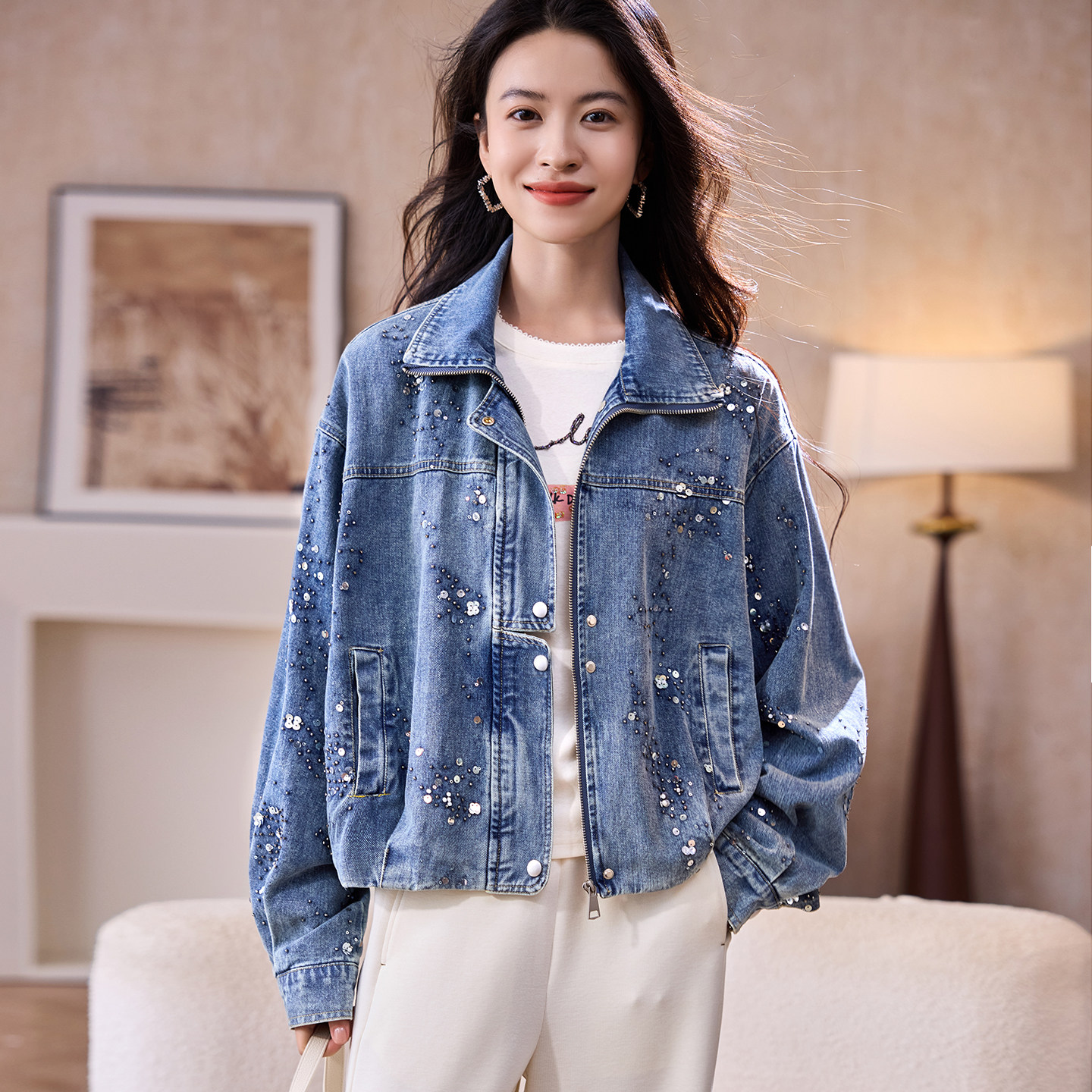 宝诗黎翻领钉珠亮片牛仔外套2026春季蝙蝠袖宽松休闲百搭休闲女装