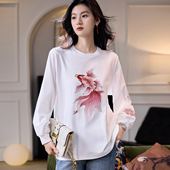 宝诗黎圆领亮丝刺绣长袖 宽松休闲百搭棉质女装 T恤2026春季 新中式