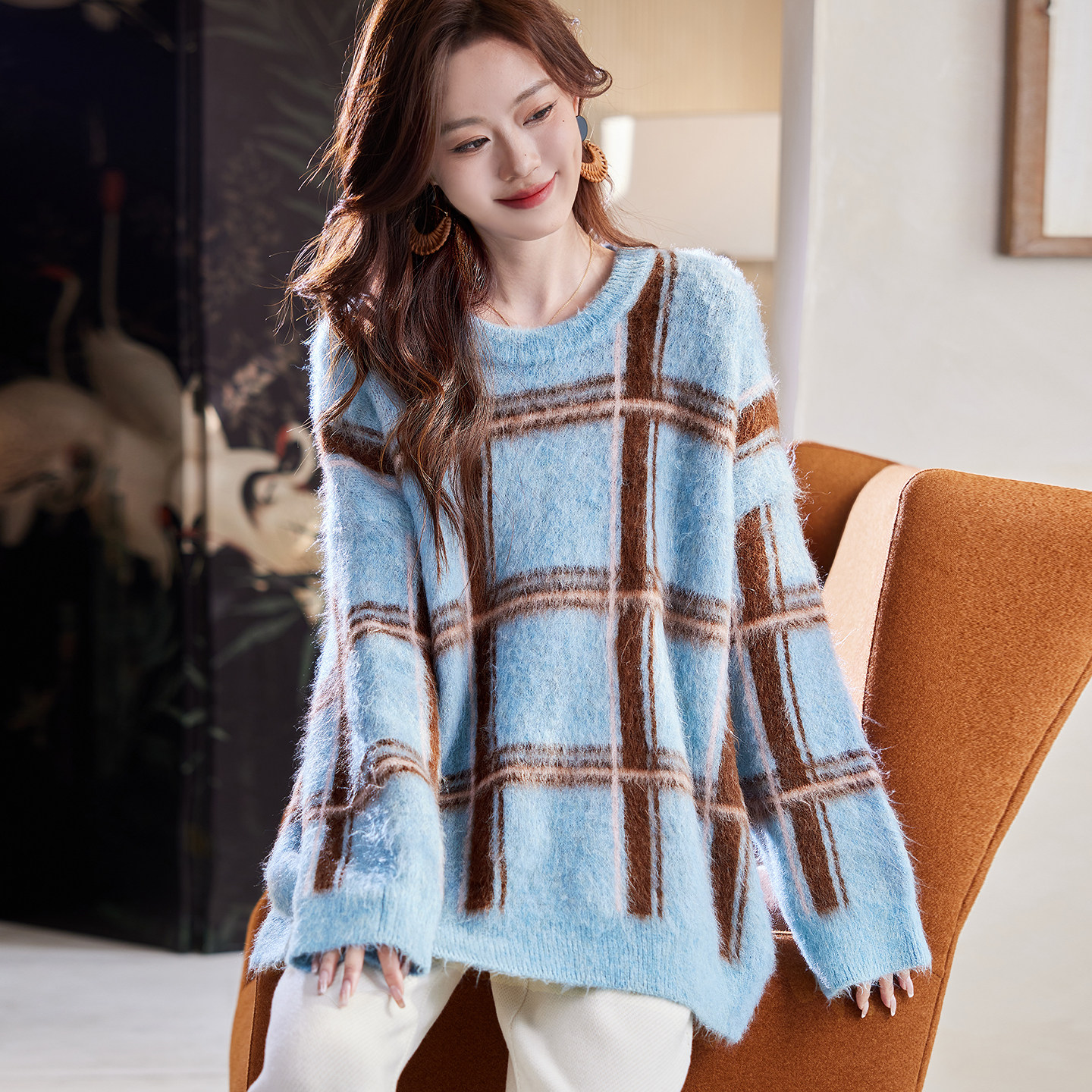 宝诗黎中长款格子慵懒针织毛衣2025冬季韩系休闲百搭宽松大码女装,女装/女士精品,毛衣,淘宝优惠券,粉丝福利购,淘宝优惠卷