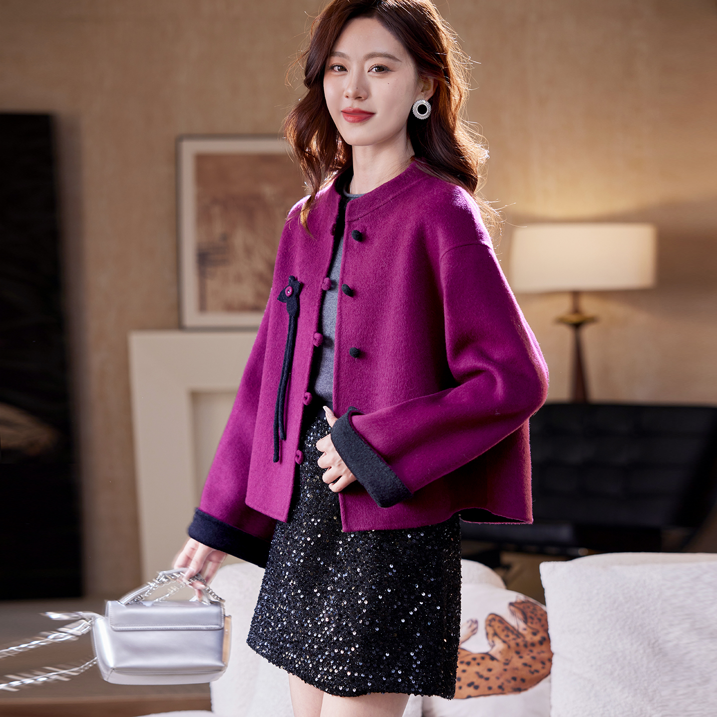 宝诗黎圆领短款羊毛毛呢外套