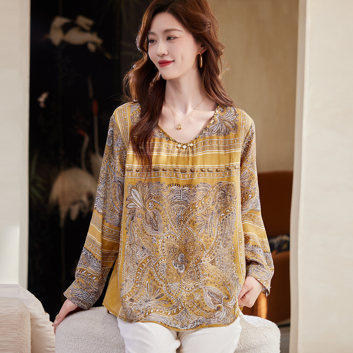 宝诗黎波西米亚风印花衬衫2026春季气质慵懒百搭时尚休闲衬衣女