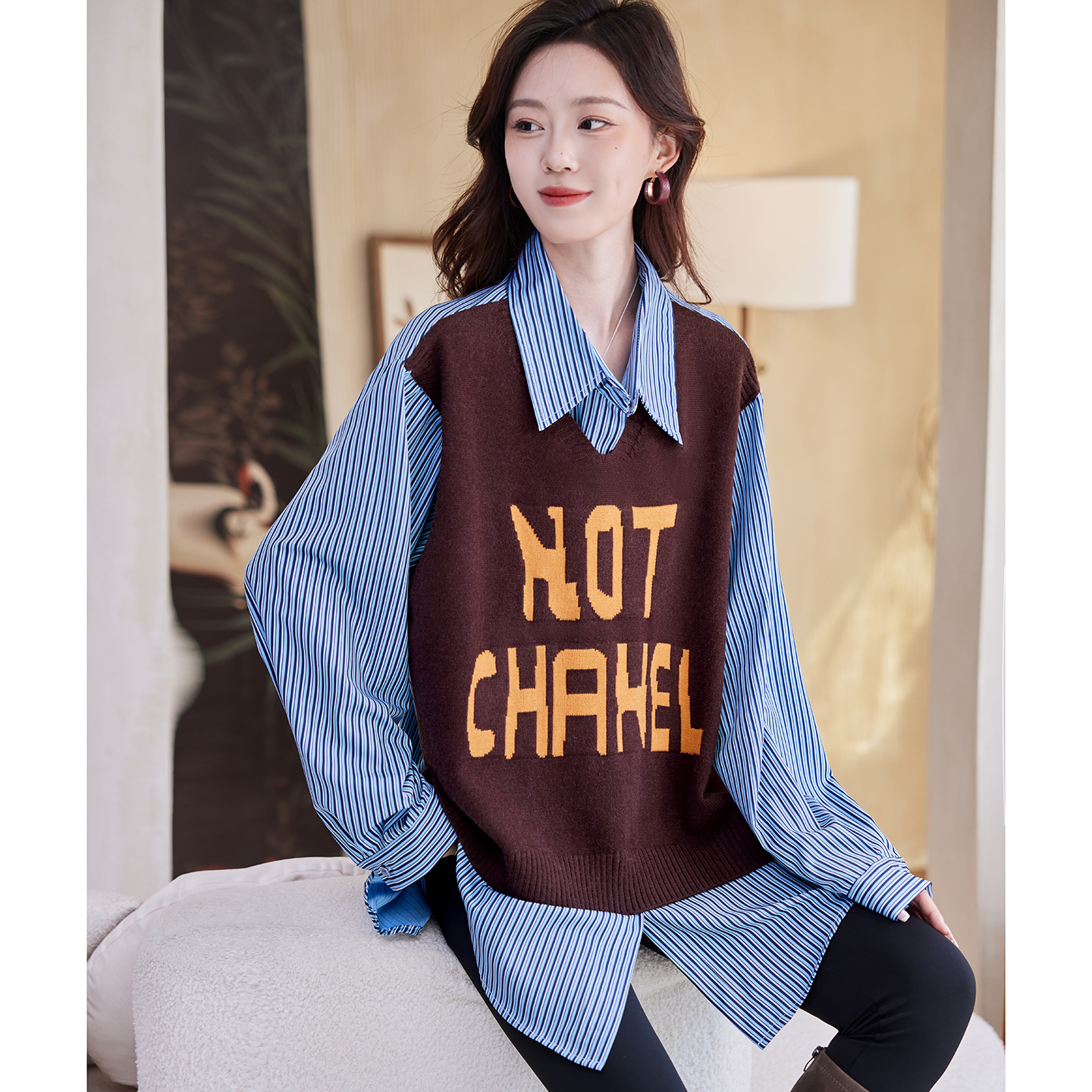 宝诗黎假两件拼接条纹衬衫