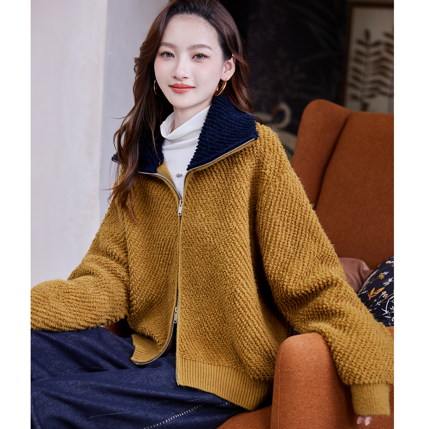 宝诗黎翻领慵懒针织外套