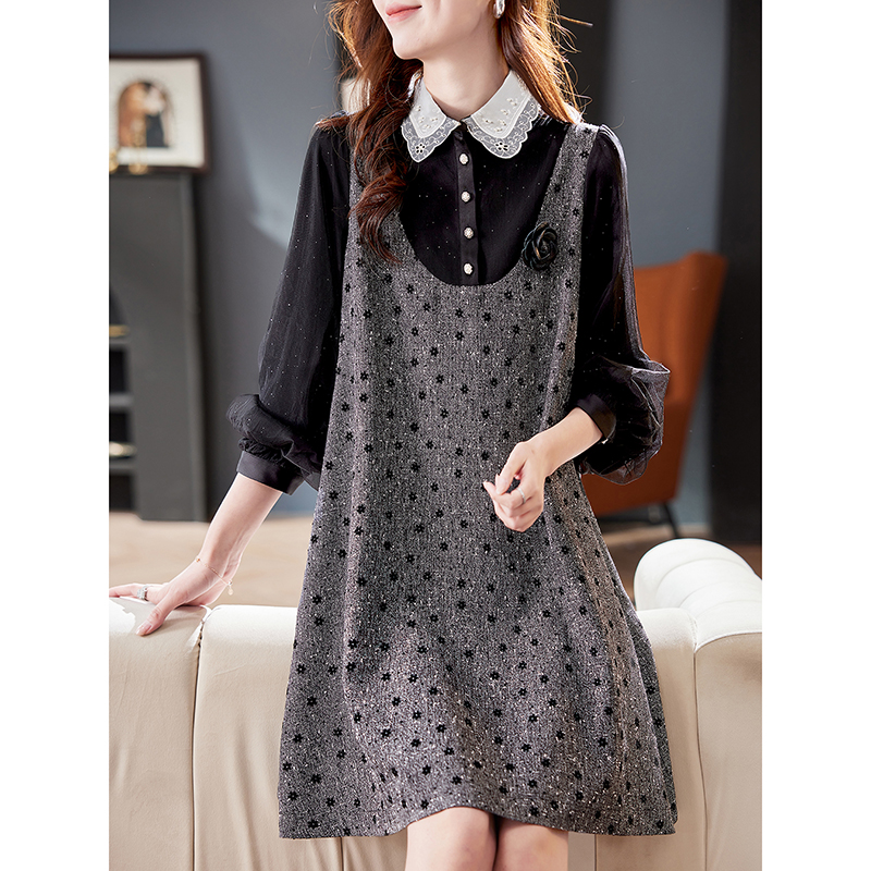 宝诗黎假两件拼接亮丝连衣裙